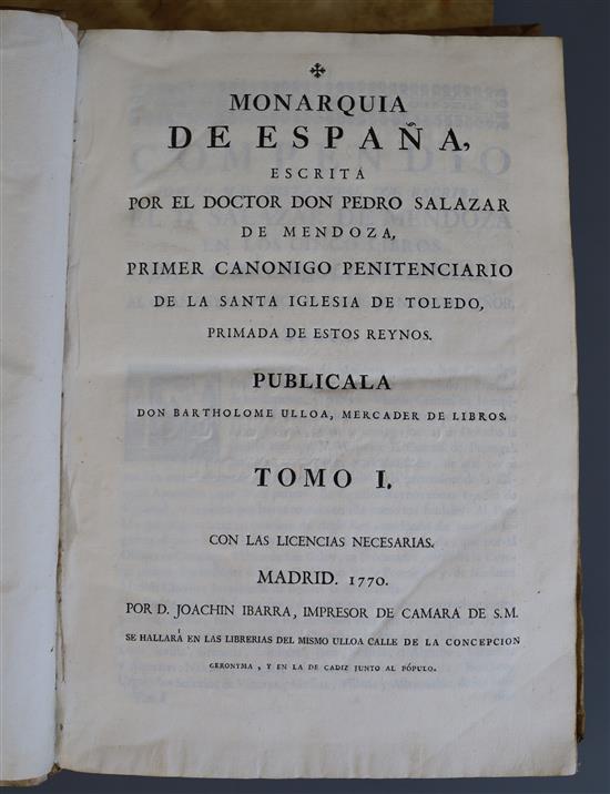 Salazar de Mendoza (Pedro) - Monarquia De Espana, 2 vols, quarto, limp vellum, D. Joachin Ibarra, Madrid 1770